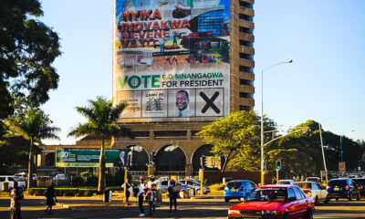 Emmerson Mnangagwa's billboard hangs on Zanu PF Headquaters building ahead of the harmonised elecetions